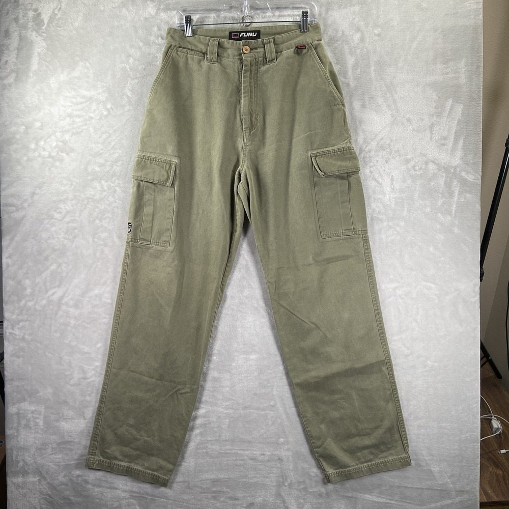 Vintage FUBU Cargo Pants men's 30x33 Khaki Loose Baggy Fit Y2K Hip Hop VTG Green